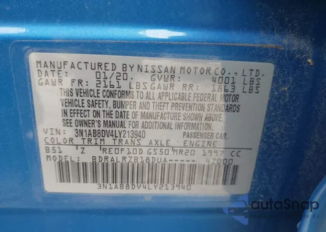 2020 Nissan Sentra Sr Xtronic Cvt z USA, uszkodzony, nr VIN 3N1AB8DV4LY213940